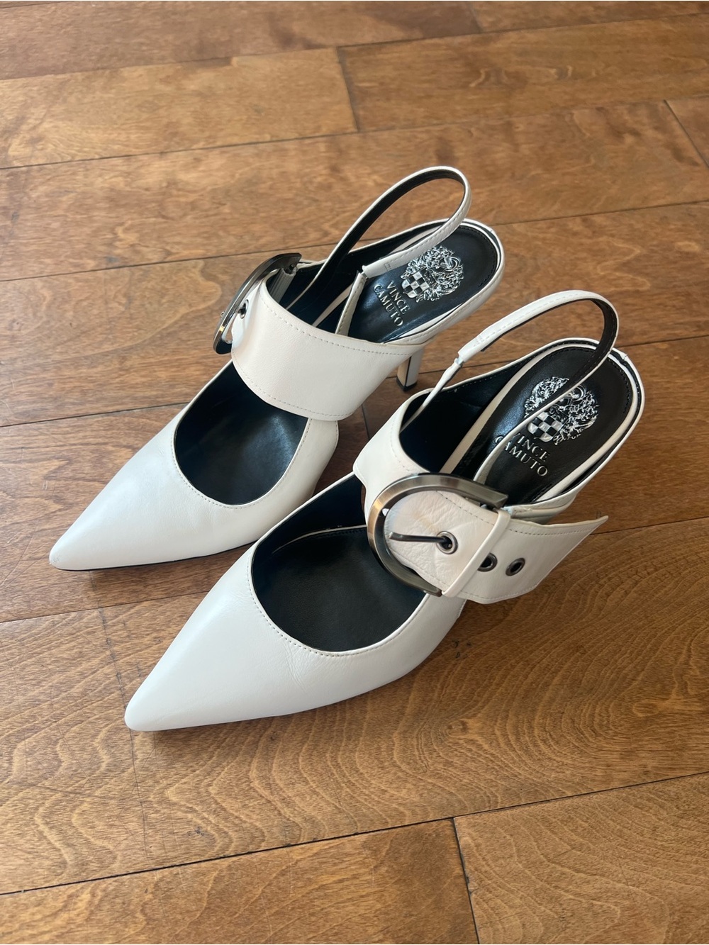 Vince Camuto White Pointed-Toe Slingback Heels with Buckle Strap